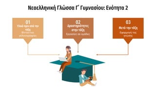 Νεοελληνική Γλώσσα Γ΄ Γυμνασίου: Ενότητα 2
Εργασίες σε ομάδες
Δραστηριότητες
στην τάξη
02
Βίντεο και
γελοιογραφίες
01
Υλικό πριν από την
τάξη
03
Μετά την τάξη
Εφαρμογή της
γνώσης
 