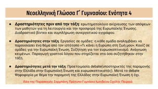 Νεοελληνική Γλώσσα Γ΄ Γυμνασίου: Ενότητα 4
● Δραστηριότητες πριν από την τάξη: ερωτηματολόγιο ανίχνευσης των απόψεων
των μαθητών για τη λειτουργία και την προσφορά της Ευρωπαϊκής Ένωσης.
Διαδραστικό βίντεο και συμπλήρωση συνεργατικού εγγράφου.
● Δραστηριότητες στην τάξη: Εργασίες σε ομάδες: η κάθε ομάδα αναλαμβάνει να
παρουσιάσει ένα θέμα από τον ιστότοπο «Τι κάνει η Ευρώπη στη ζωή μου». Κουίζ σε
ομάδες για την Ευρωπαϊκή Ένωση. Συζήτηση για τον ευρωσκεπτικισμό. Ανάγνωση
κειμένων. Παραγωγή γραπτού λόγου που στηρίζεται στα όσα συζητήθηκαν στην
τάξη.
● Δραστηριότητες μετά την τάξη: Προετοιμασία debate(υποστηρικτές της παραμονής
στην Ελλάδα στην Ευρωπαϊκή Ένωση και ευρωσκεπτικιστές). Μετά το debate
Ψηφοφορία με θέμα την παραμονή της Ελλάδας στην Ευρωπαϊκή Ένωση ή όχι.
Ιδέα της Παρασκευής Σαρμπάνη, Πρότυπο Γυμνάσιο Ιωνιδείου Σχολής Πειραιά
 