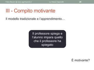 III - Compito motivante
Il modello tradizionale e l’apprendimento…
Fabio Biscaro @ www.oggiimparoio.it La Classe Capovolta...