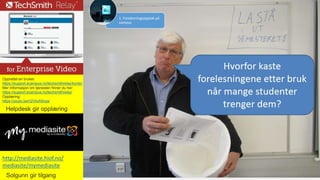 Opprettet en bruker:
https://support.ecampus.no/techsmithrelay/konto/
Mer informasjon om tjenesten finner du her:
https://support.ecampus.no/techsmithrelay/
Opplæring:
https://youtu.be/n2VlioA9vqw
http://mediasite.hiof.no/
mediasite/mymediasite
Solgunn gir tilgang
Helpdesk gir opplæring
1. Forelesningsopptak på
campus
 