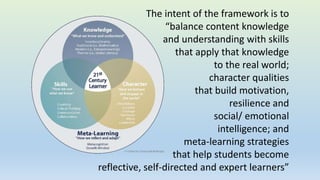 The intent of the framework is to
“balance content knowledge
and understanding with skills
that apply that knowledge
to the real world;
character qualities
that build motivation,
resilience and
social/ emotional
intelligence; and
meta-learning strategies
that help students become
reflective, self-directed and expert learners”
 