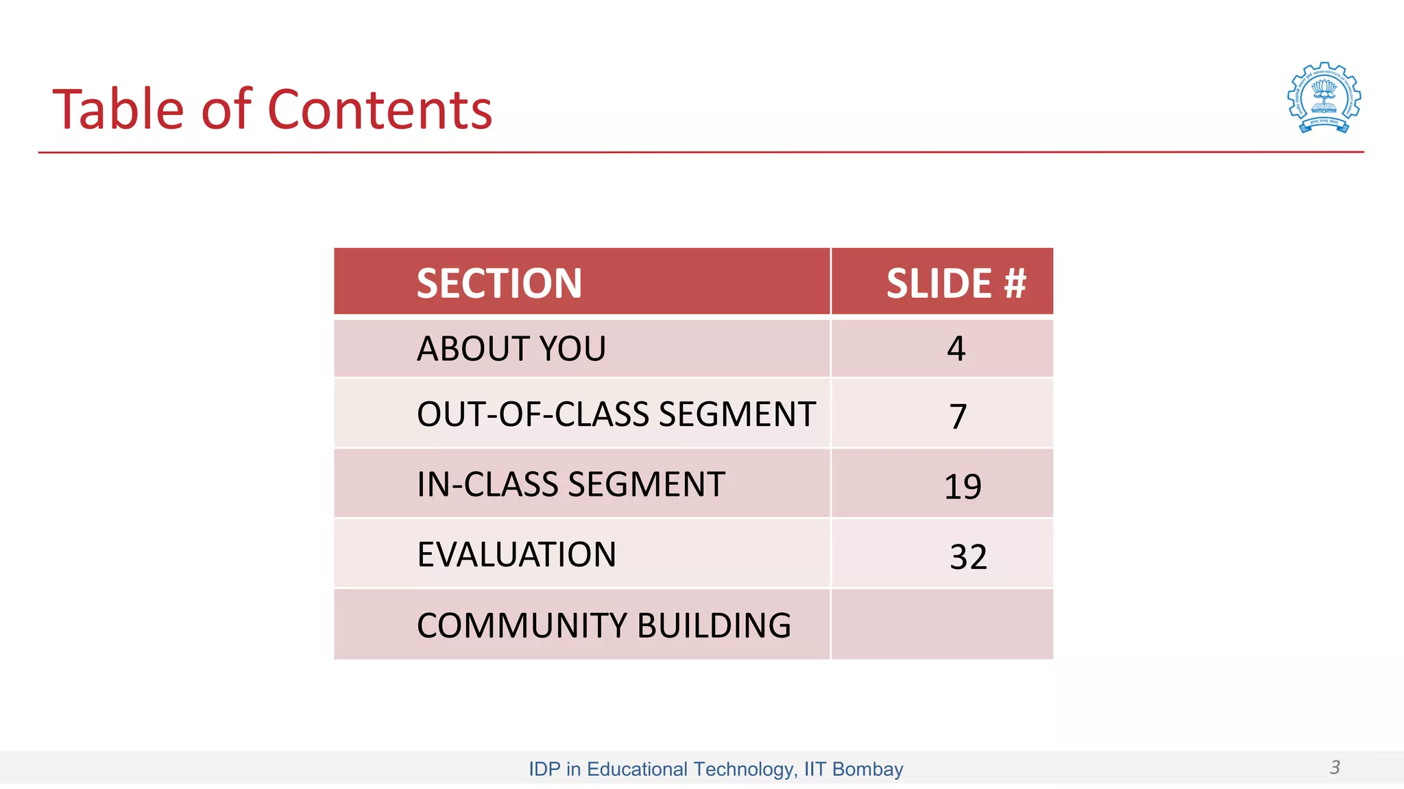 IDP in Educational Technology, IIT Bombay 3
Table of Contents
SECTION SLIDE #
ABOUT YOU 4
OUT-OF-CLASS SEGMENT 7
IN-CLASS SEGMENT 19
EVALUATION 32
COMMUNITY BUILDING
 