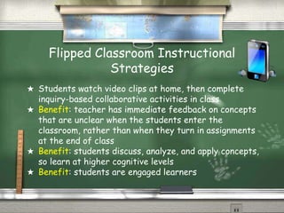 Flipped Classroom Instructional
Strategies
★ Students watch video clips at home, then complete
inquiry-based collaborative activities in class
★ Benefit: teacher has immediate feedback on concepts
that are unclear when the students enter the
classroom, rather than when they turn in assignments
at the end of class
★ Benefit: students discuss, analyze, and apply concepts,
so learn at higher cognitive levels
★ Benefit: students are engaged learners
 