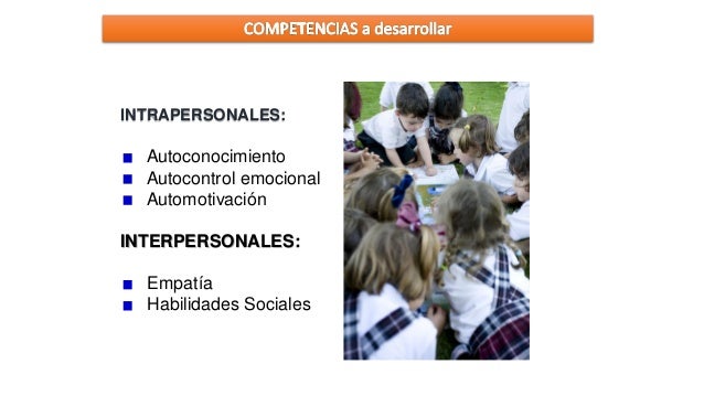 INTRAPERSONALES: AutoconocimientoAutocontrol emocionalAutomotivaciónINTERPERSONALES: EmpatíaHabilidades Sociales  