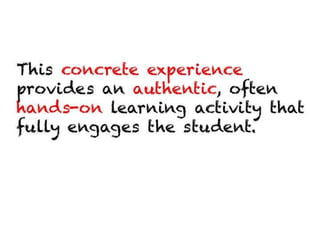 This concrete experience provides an
authentic, often hands-on learning activity
that fully engages the student.
 