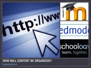HOW WILL CONTENT BE ORGANIZED?
CONSIDERATION #3
 