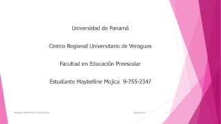 Universidad de Panamá
Centro Regional Universitario de Veraguas
Facultad en Educación Preescolar
Estudiante Maybelline Mojica 9-755-2347
Maybelline@
REALIDAD AUMENTADA EN EDUCACÍON 1
 