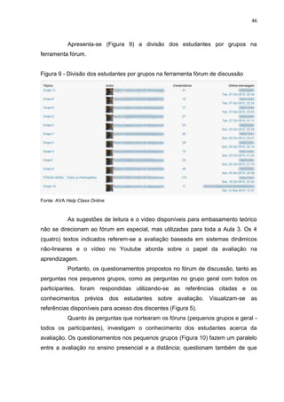 46
Apresenta-se (Figura 9) a divisão dos estudantes por grupos na
ferramenta fórum.
Figura 9 - Divisão dos estudantes por grupos na ferramenta fórum de discussão
Fonte: AVA Help Class Online
As sugestões de leitura e o vídeo disponíveis para embasamento teórico
não se direcionam ao fórum em especial, mas utilizadas para toda a Aula 3. Os 4
(quatro) textos indicados referem-se a avaliação baseada em sistemas dinâmicos
não-lineares e o vídeo no Youtube aborda sobre o papel da avaliação na
aprendizagem.
Portanto, os questionamentos propostos no fórum de discussão, tanto as
perguntas nos pequenos grupos, como as perguntas no grupo geral com todos os
participantes, foram respondidas utilizando-se as referências citadas e os
conhecimentos prévios dos estudantes sobre avaliação. Visualizam-se as
referências disponíveis para acesso dos discentes (Figura 5).
Quanto às perguntas que nortearam os fóruns (pequenos grupos e geral -
todos os participantes), investigam o conhecimento dos estudantes acerca da
avaliação. Os questionamentos nos pequenos grupos (Figura 10) fazem um paralelo
entre a avaliação no ensino presencial e a distância; questionam também de que
 