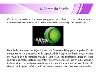 4. Camtasia Studio
Camtasia permite a los usuarios grabar sus clases, crear orientaciones
visuales y construir los vídeos de las votaciones de trabajo del estudiante.

Una de las mayores ventajas del uso de Camtasia Relay para la grabación de
videos en tu clase invertida es la capacidad de integrar fácilmente esos vídeos
en Pizarra con la función Mashup. Con esto, los profesores pueden crear
nuevas y pantalla-captura existentes, presentaciones de PowerPoint, vídeos e
incluso vídeo de webcam juegos para sus cursos que cuentan con líneas de
tiempo multi-pista, música, animación y un variedad de otros efectos visuales.

 