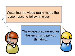 Watching the video really made the
lesson easy to follow in class.
The videos prepare you for
the lesson and get you
thinking…
 