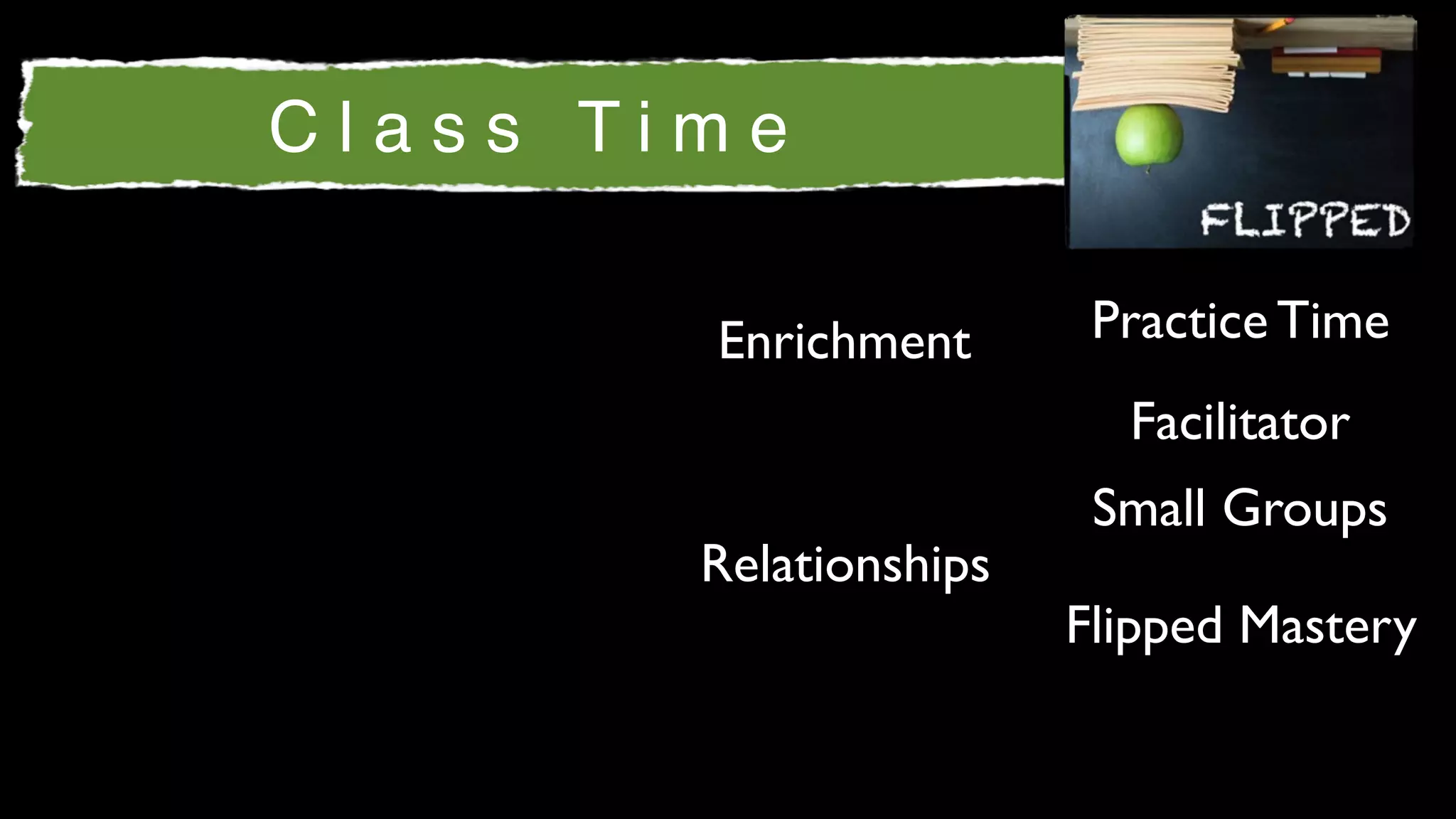 Class Time

        Enrichment       Practice Time
                          Facilitator
                         Small Groups
        Relationships
                        Flipped Mastery
 