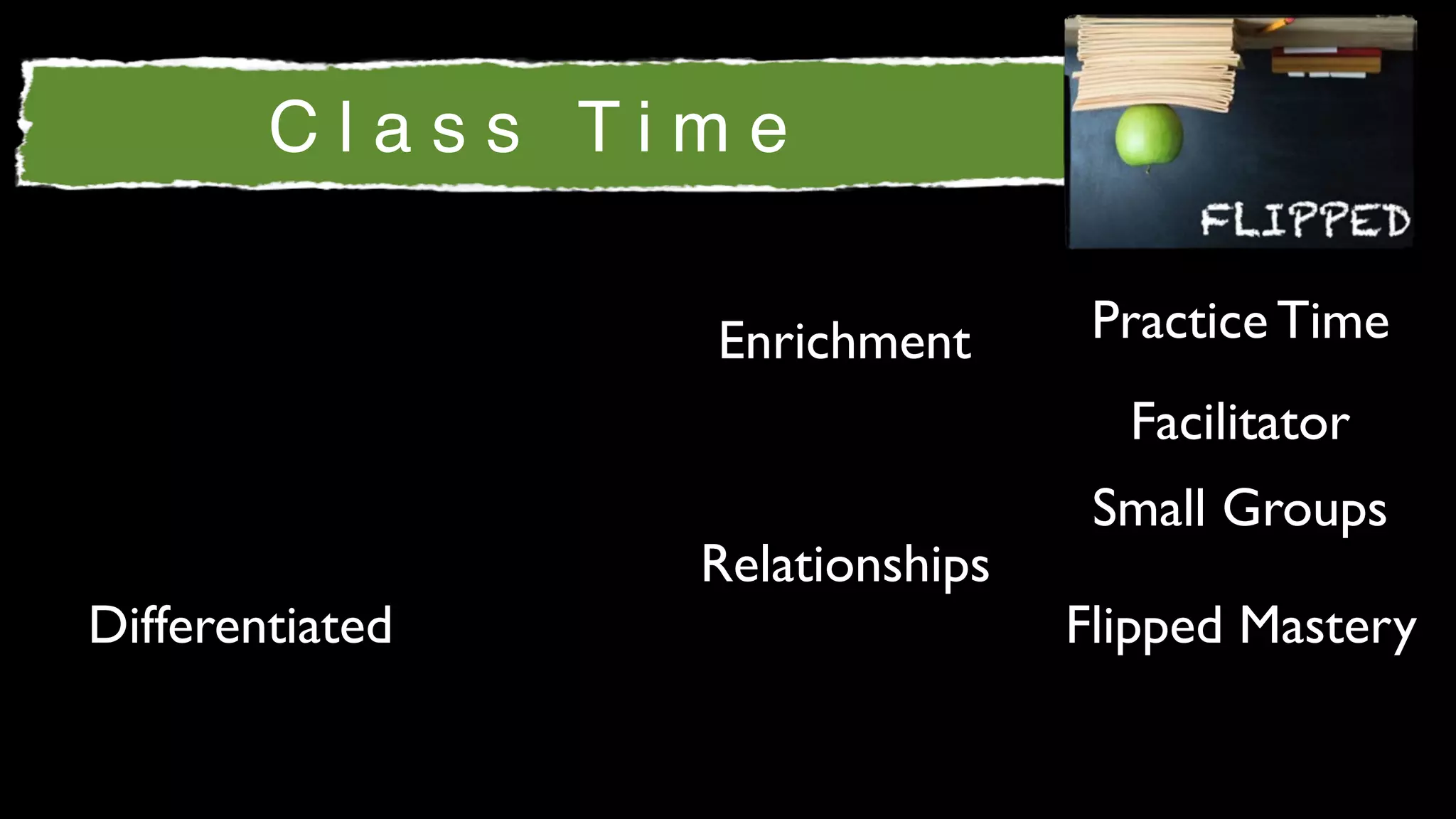 Class Time

                 Enrichment       Practice Time
                                   Facilitator
                                  Small Groups
                 Relationships
Differentiated                   Flipped Mastery
 