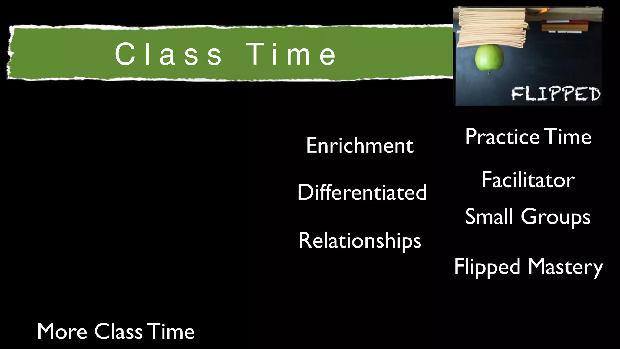 Class Time

                  Enrichment        Practice Time
                                     Facilitator
                  Differentiated
                                    Small Groups
                  Relationships
                                   Flipped Mastery

More Class Time
 