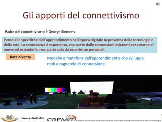 Gli apporti del connettivismo
Rete diventa Modello e metafora dell’apprendimento che sviluppa
nodi e ragnatele di connessi...