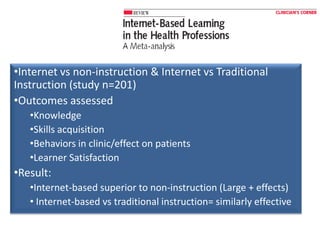 •Internet vs non-instruction & Internet vs Traditional
Instruction (study n=201)
•Outcomes assessed
•Knowledge
•Skills acquisition
•Behaviors in clinic/effect on patients
•Learner Satisfaction

•Result:
•Internet-based superior to non-instruction (Large + effects)
• Internet-based vs traditional instruction= similarly effective

 