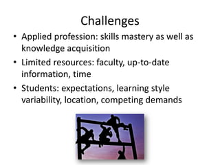 Challenges
• Applied profession: skills mastery as well as
knowledge acquisition
• Limited resources: faculty, up-to-date
information, time
• Students: expectations, learning style
variability, location, competing demands

 