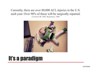 Currently, there are over 80,000 ACL injuries in the U.S.
each year. Over 90% of those will be surgically repaired.
Cochrane SR, 2005, Benjaminse, 2006

It’s a paradigm
DPTMWG

 