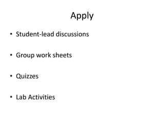 Apply
• Student-lead discussions
• Group work sheets
• Quizzes

• Lab Activities

 