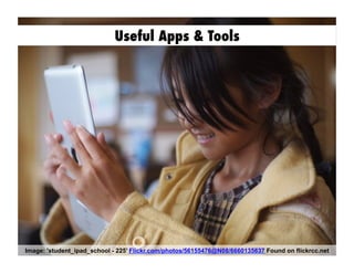 Image: 'student_ipad_school - 225’ Flickr.com/photos/56155476@N08/6660135637 Found on flickrcc.net
Useful Apps & Tools
 