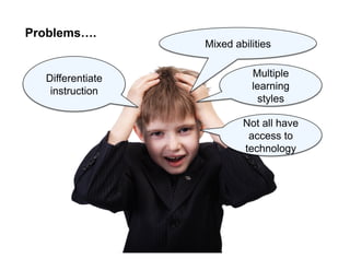 Differentiate
instruction
Mixed abilities
Not all have
access to
technology
Multiple
learning
styles
Problems….
 