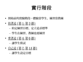 實行階段
• 開始前的實驗階段－體驗當學生、練習當教練
• 扶著走 ( 第 1- 第 3 週 )
– 約定練習目標、定立追求標準
– 學生在練習、教練也要練習
• 牽著走 ( 第 4- 第 6 週 )
– 讓學生嘗試
• 自己走 ( 第 7- 第 14 週 )
– 讓學生設定目標

 