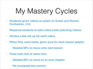 My Mastery Cycles
•

Students given videos to watch on Greek and Roman
Civilization. (14)!

•

Required students to take notes while watching videos.!

•

Various Labs set up for each video.!

•

When they were ready, given quiz for each lesson (paper)!
•

•

Needed 80% to move onto next lesson!

Class took test at same time. !
•

Needed 80% to move on to next chapter.!

•

No increased test scores!

 