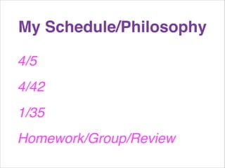 My Schedule/Philosophy
4/5!
4/42!
1/35!
Homework/Group/Review

 
