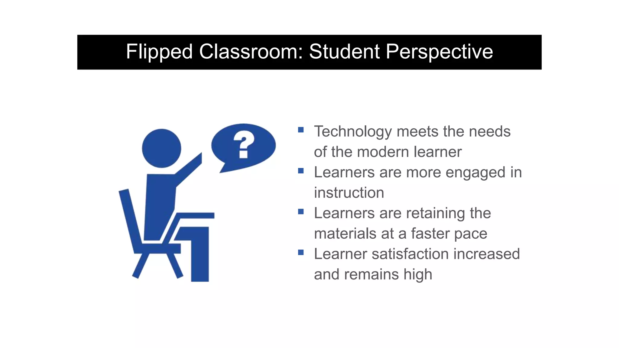 Flipped Classroom: Student Perspective
 Technology meets the needs
of the modern learner
 Learners are more engaged in
instruction
 Learners are retaining the
materials at a faster pace
 Learner satisfaction increased
and remains high
 