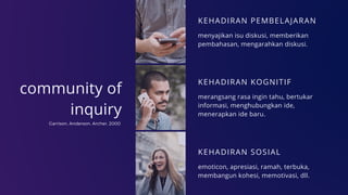 community of
inquiry
KEHADIRAN PEMBELAJARAN
menyajikan isu diskusi, memberikan
pembahasan, mengarahkan diskusi.
KEHADIRAN KOGNITIF
merangsang rasa ingin tahu, bertukar
informasi, menghubungkan ide,
menerapkan ide baru.
KEHADIRAN SOSIAL
emoticon, apresiasi, ramah, terbuka,
membangun kohesi, memotivasi, dll.
Garrison, Anderson, Archer, 2000
 