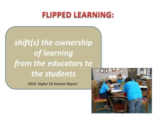 shift(s) the ownership
of learning
from the educators to
the students
2014 Higher Ed Horizon Report
 