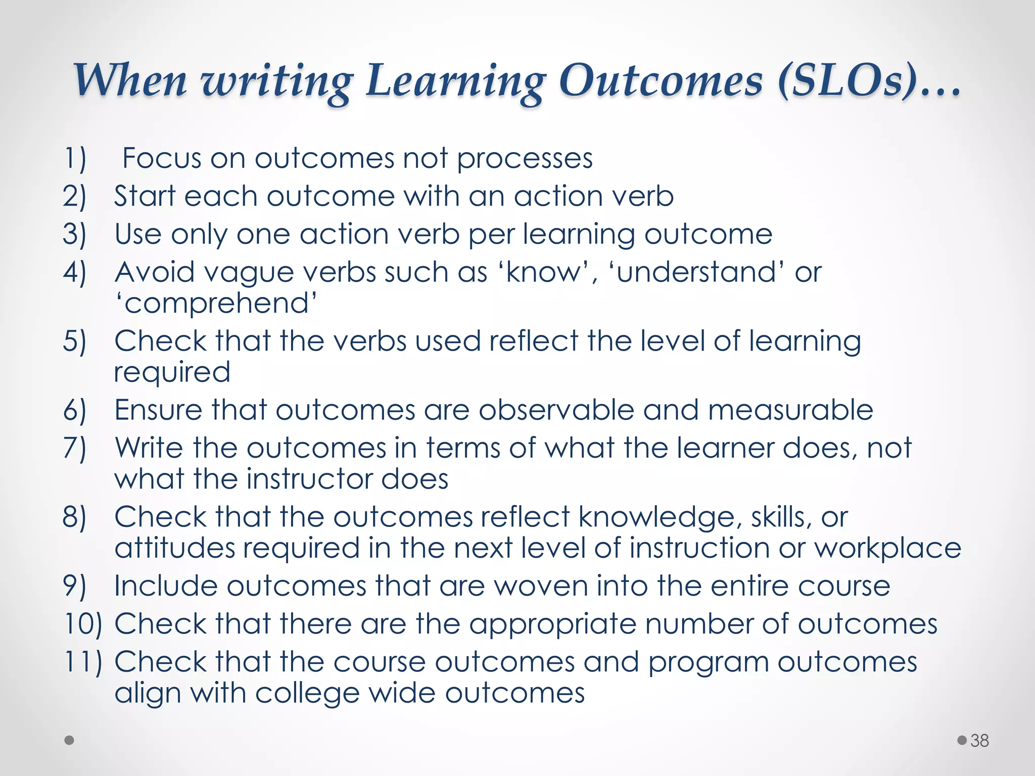 When writing Learning Outcomes (SLOs)… 
1) Focus on outcomes not processes 
2) Start each outcome with an action verb 
3) Use only one action verb per learning outcome 
4) Avoid vague verbs such as ‘know’, ‘understand’ or 
‘comprehend’ 
5) Check that the verbs used reflect the level of learning 
required 
6) Ensure that outcomes are observable and measurable 
7) Write the outcomes in terms of what the learner does, not 
what the instructor does 
8) Check that the outcomes reflect knowledge, skills, or 
attitudes required in the next level of instruction or workplace 
9) Include outcomes that are woven into the entire course 
10) Check that there are the appropriate number of outcomes 
11) Check that the course outcomes and program outcomes 
align with college wide outcomes 
38 
 