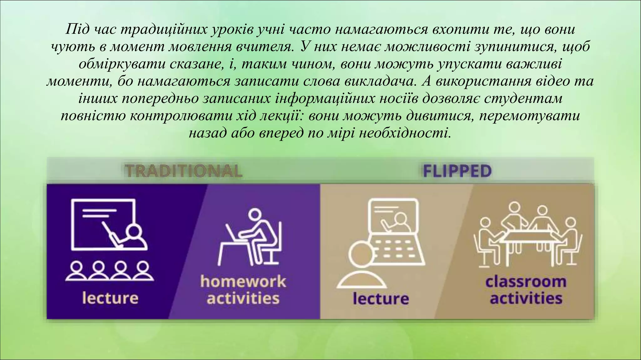 z
Під час традиційних уроків учні часто намагаються вхопити те, що вони
чують в момент мовлення вчителя. У них немає можливості зупинитися, щоб
обміркувати сказане, і, таким чином, вони можуть упускати важливі
моменти, бо намагаються записати слова викладача. А використання відео та
інших попередньо записаних інформаційних носіїв дозволяє студентам
повністю контролювати хід лекції: вони можуть дивитися, перемотувати
назад або вперед по мірі необхідності.
 