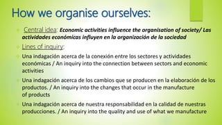 How we organise ourselves:
 Central idea: Economic activities influence the organisation of society/ Las
actividades económicas influyen en la organización de la sociedad
 Lines of inquiry:
 Una indagación acerca de la conexión entre los sectores y actividades
económicas / An inquiry into the connection between sectors and economic
activities
 Una indagación acerca de los cambios que se producen en la elaboración de los
productos. / An inquiry into the changes that occur in the manufacture
of products
 Una indagación acerca de nuestra responsabilidad en la calidad de nuestras
producciones. / An inquiry into the quality and use of what we manufacture
 
