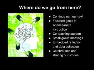 Where do we go from here?
● Continue our journey!
● Focused goals in
science/math
instruction
● Co-teaching support
● Small group meetings
● Embedded reflection
and data collection
● Celebrations and
sharing our stories
 