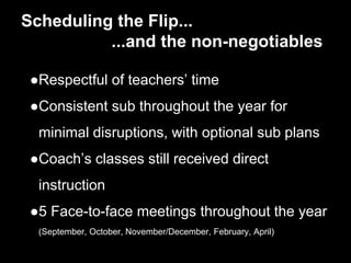 Scheduling the Flip...
...and the non-negotiables
●Respectful of teachers’ time
●Consistent sub throughout the year for
minimal disruptions, with optional sub plans
●Coach’s classes still received direct
instruction
●5 Face-to-face meetings throughout the year
(September, October, November/December, February, April)
 