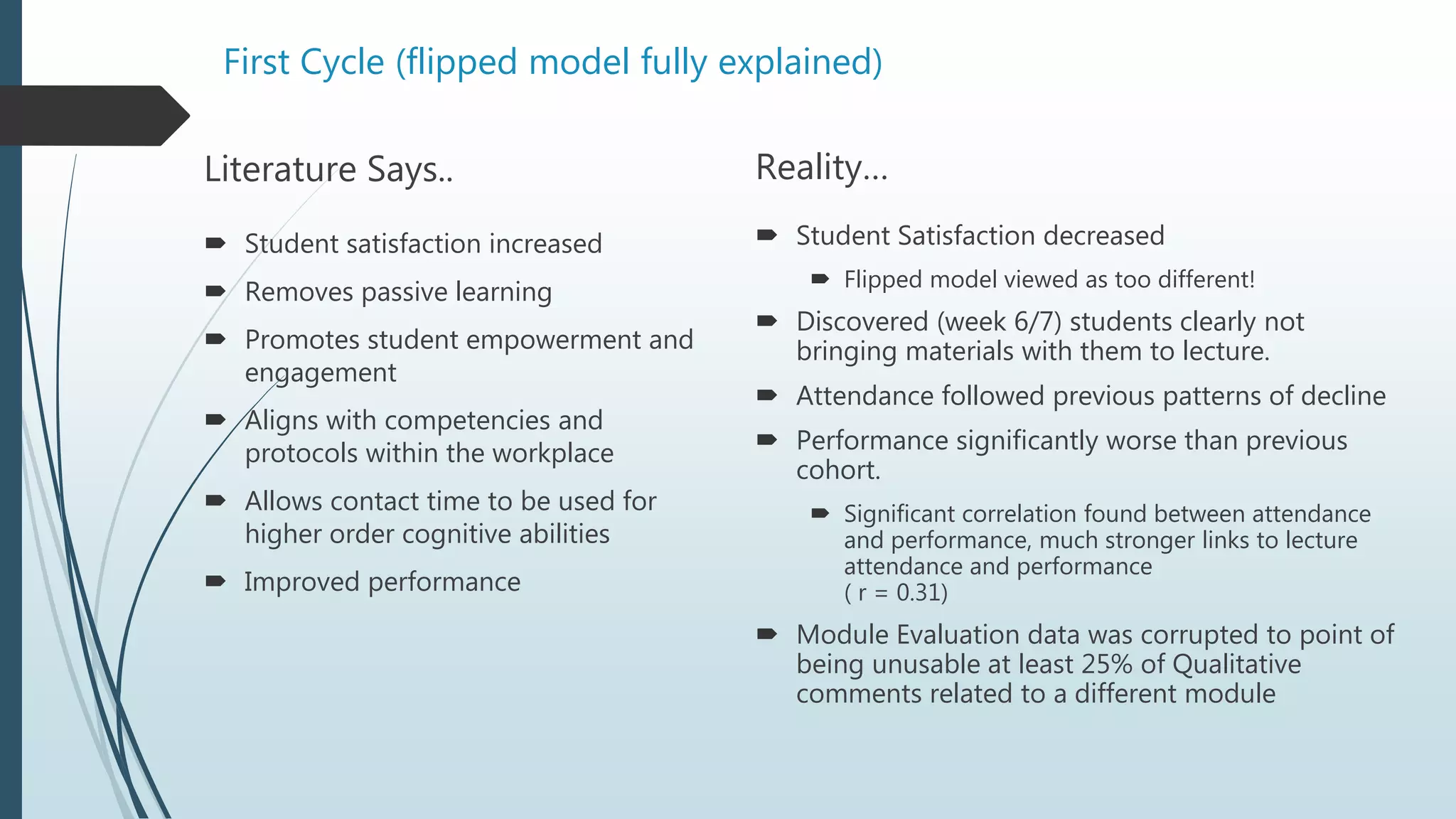 First Cycle (flipped model fully explained)
Literature Says..
 Student satisfaction increased
 Removes passive learning
 Promotes student empowerment and
engagement
 Aligns with competencies and
protocols within the workplace
 Allows contact time to be used for
higher order cognitive abilities
 Improved performance
Reality…
 Student Satisfaction decreased
 Flipped model viewed as too different!
 Discovered (week 6/7) students clearly not
bringing materials with them to lecture.
 Attendance followed previous patterns of decline
 Performance significantly worse than previous
cohort.
 Significant correlation found between attendance
and performance, much stronger links to lecture
attendance and performance
( r = 0.31)
 Module Evaluation data was corrupted to point of
being unusable at least 25% of Qualitative
comments related to a different module
 