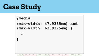 Case Study
@media
(min-width: 47.9385em) and
(max-width: 63.9375em) {
…
}
 