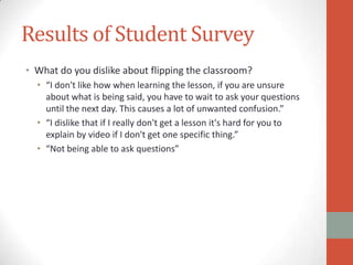 Results of Student Survey
• What do you dislike about flipping the classroom?
• “I don't like how when learning the lesson, if you are unsure
about what is being said, you have to wait to ask your questions
until the next day. This causes a lot of unwanted confusion.”
• “I dislike that if I really don't get a lesson it's hard for you to
explain by video if I don't get one specific thing.”
• “Not being able to ask questions”

 