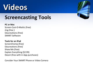 Videos
Screencasting Tools
PC or Mac
Screen-Cast-O-Mattic (free)
Jing (free )
Educreations (free)
SMART Software
Tools for an iPad
ScreenChomp (free)
Educreations (free)
Show Me (free)
Explain Everything ($2.99)
Doceri (free with in App purchases)
Consider Your SMART Phone or Video Camera

 