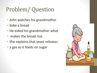 Problem/ Question
• John watches his grandmother
• bake a bread
• He asked his grandmother what
• makes the bread rise.
• She explains that yeast releases
• a gas as it feeds on sugar
 