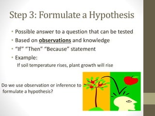 Step 3: Formulate a Hypothesis
• Possible answer to a question that can be tested
• Based on observations and knowledge
• “If” “Then” “Because” statement
• Example:
If soil temperature rises, plant growth will rise
Do we use observation or inference to
formulate a hypothesis?
 