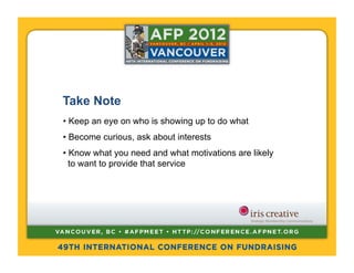 Take Note
•  Keep an eye on who is showing up to do what
•  Become curious, ask about interests
•  Know what you need and what motivations are likely
  to want to provide that service
 