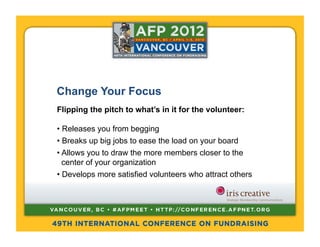 Change Your Focus
Flipping the pitch to what’s in it for the volunteer:

•  Releases you from begging
•  Breaks up big jobs to ease the load on your board
•  Allows you to draw the more members closer to the
   center of your organization
•  Develops more satisfied volunteers who attract others
 