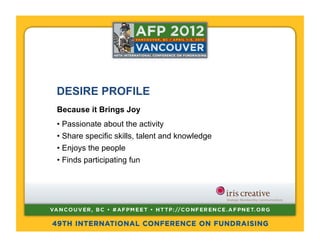 DESIRE PROFILE
Because it Brings Joy
•  Passionate about the activity
•  Share specific skills, talent and knowledge
•  Enjoys the people
•  Finds participating fun
 