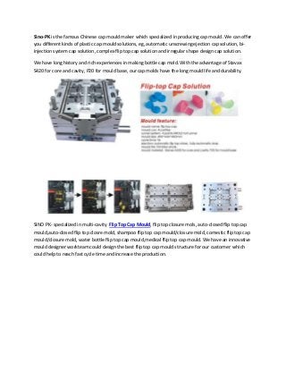 Sino-PK is the famous Chinese cap mould maker which specialized in producing cap mould. We can offer
you different kinds of plastic cap mould solutions, eg, automatic unscrewing ejection cap solution, biinjection system cap solution, complex flip top cap solution and irregular shape design cap solution.
We have long history and rich experiences in making bottle cap mold. With the advantage of Stavax
S420 for core and cavity, P20 for mould base, our cap molds have the long mould life and durability.

SINO PK- specialized in multi-cavity Flip Top Cap Mould, flip top closure mols, auto-closed flip top cap
mould,auto-closed flip top closre mold, shampoo flip top cap mould/closure mold, comestic flip top cap
mould/closure mold, water bottle flip top cap mould,medical flip top cap mould. We have an innovative
mould designer workteam could design the best flip top cap mould structure for our customer which
could help to reach fast cycle time and increase the production.

 
