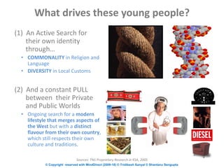 © Copyright reserved with MindDirect (2009-18) © Tridibesh Sanyal © Shantanu Sengupta
What drives these young people?
(1) An Active Search for
their own identity
through…
• COMMONALITY in Religion and
Language
• DIVERSITY in Local Customs
(2) And a constant PULL
between their Private
and Public Worlds
• Ongoing search for a modern
lifestyle that merges aspects of
the West but with a distinct
flavour from their own country,
which still respects their own
culture and traditions.
Sources: TNS Proprietary Research in KSA, 2005
 