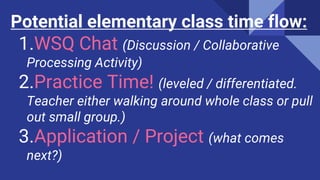 Potential elementary class time flow:
1.WSQ Chat (Discussion / Collaborative
Processing Activity)
2.Practice Time! (leveled / differentiated.
Teacher either walking around whole class or pull
out small group.)
3.Application / Project (what comes
next?)
 