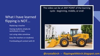 Replacing a teacher
Having students simply do
worksheets in class
Just using video somehow
Easy (for teachers or students)
Frontloading all content with DI
The video can be at ANY POINT of the learning
cycle - beginning, middle, or end!
What I have learned
flipping is NOT...
@crystalkirch -- flippingwithkirch.blogspot.com
 