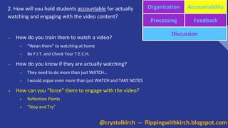 2. How will you hold students accountable for actually
watching and engaging with the video content?
Organization Accountability
Processing Feedback
Discussion
• How do you train them to watch a video?
• “Wean them” to watching at home
• Be F.I.T. and Check Your T.E.C.H.
• How do you know if they are actually watching?
• They need to do more than just WATCH…
• I would argue even more than just WATCH and TAKE NOTES
• How can you “force” them to engage with the video?
• Reflection Points
• “Stop and Try”
@crystalkirch -- flippingwithkirch.blogspot.com
 
