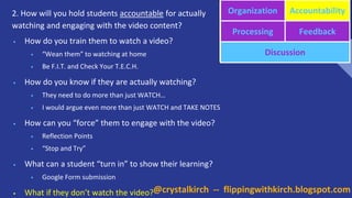 2. How will you hold students accountable for actually
watching and engaging with the video content?
Organization Accountability
Processing Feedback
Discussion
• How do you train them to watch a video?
• “Wean them” to watching at home
• Be F.I.T. and Check Your T.E.C.H.
• How do you know if they are actually watching?
• They need to do more than just WATCH…
• I would argue even more than just WATCH and TAKE NOTES
• How can you “force” them to engage with the video?
• Reflection Points
• “Stop and Try”
• What can a student “turn in” to show their learning?
• Google Form submission
• What if they don’t watch the video?@crystalkirch -- flippingwithkirch.blogspot.com
 